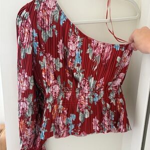 Wayf Red Floral Pleated One-Shoulder Top